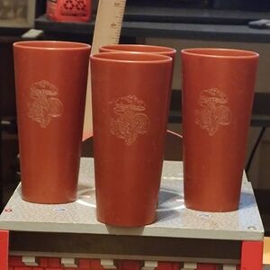 Vintage Nasco Set of 4 Rust Plastic Tumblers Featuring Silver Mushrooms READ